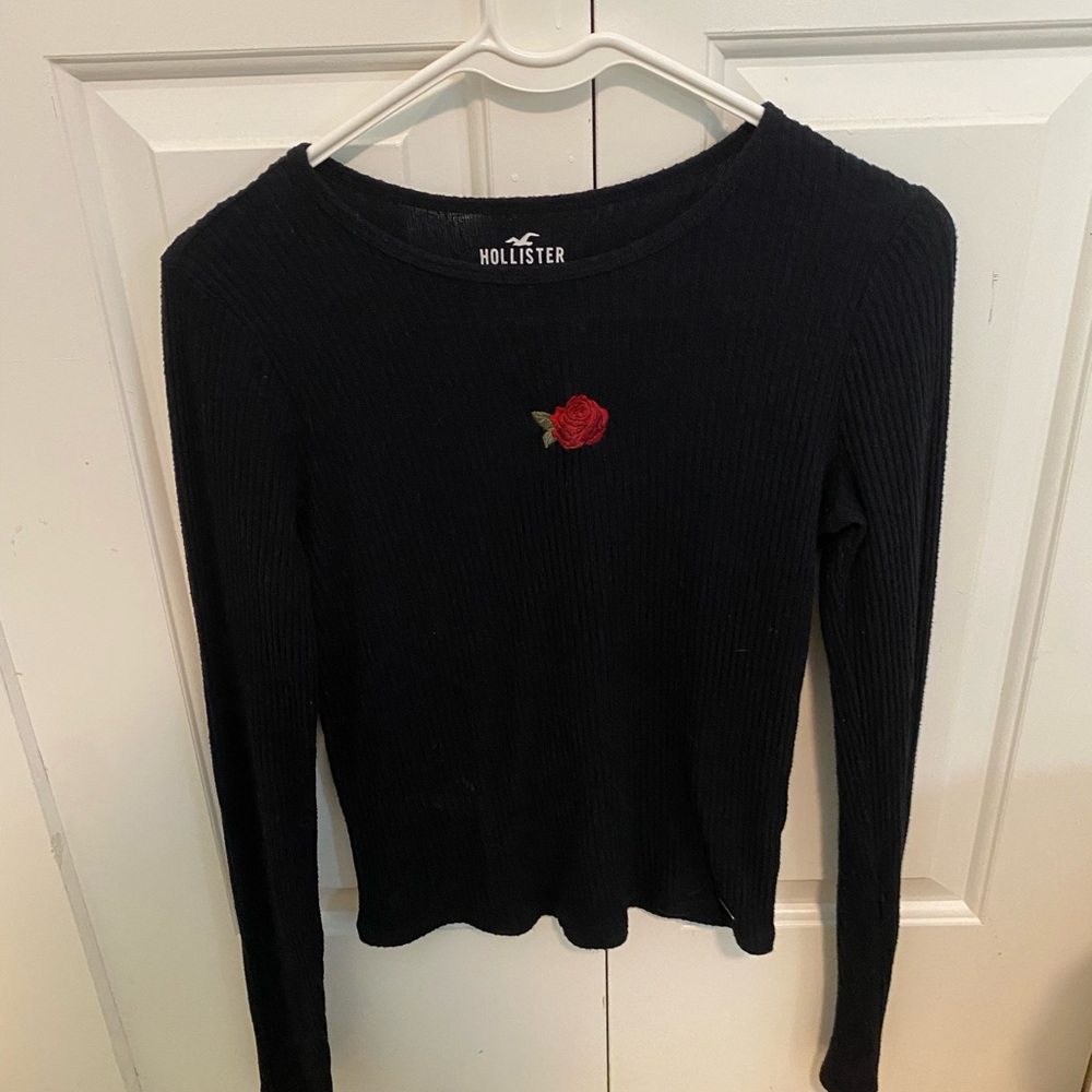 Hollister Black Long Sleeve Top with Rose Accent